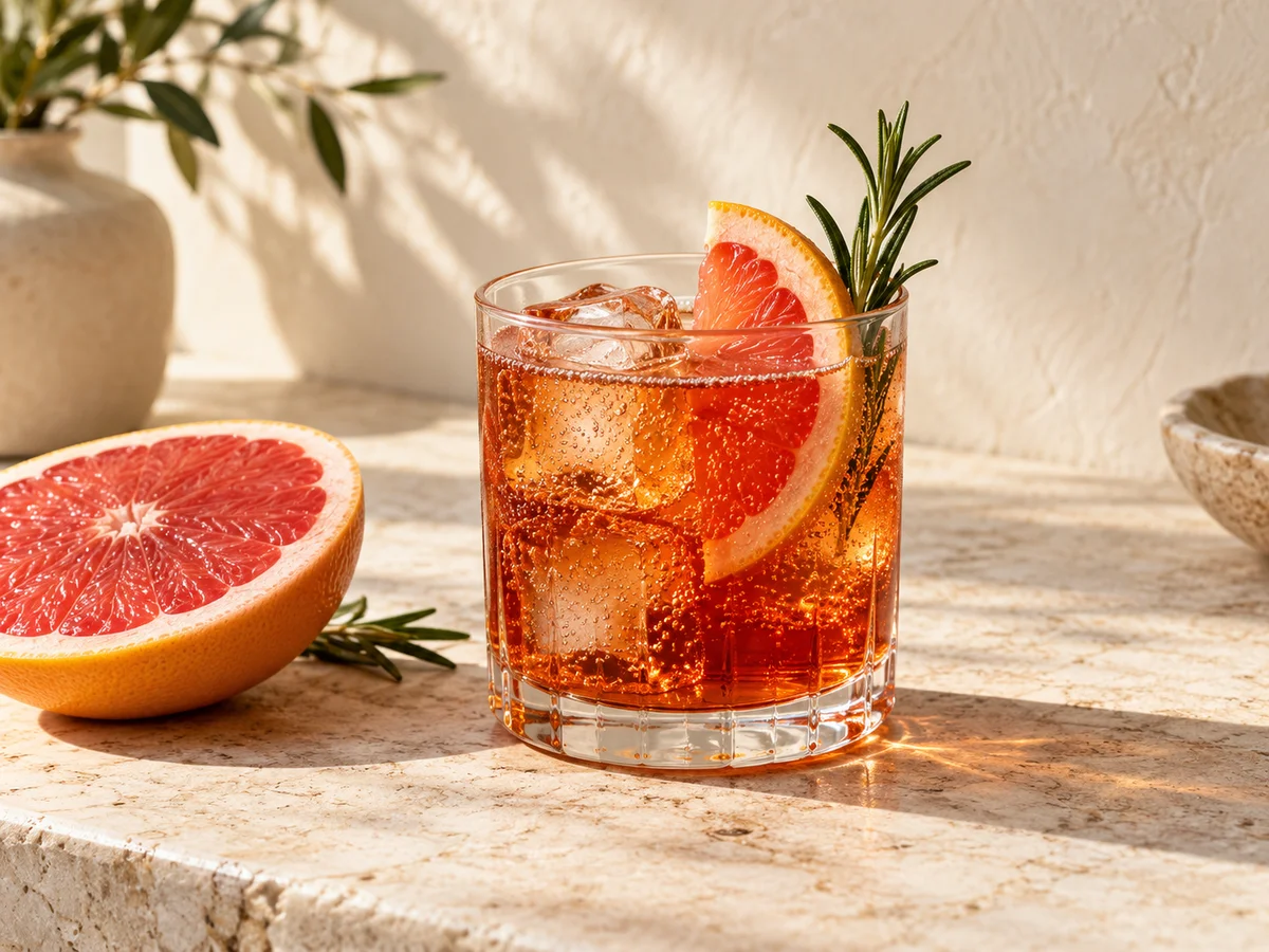Mocktail z rooibosa z tonikiem, grejpfrutem i gałązką rozmarynu